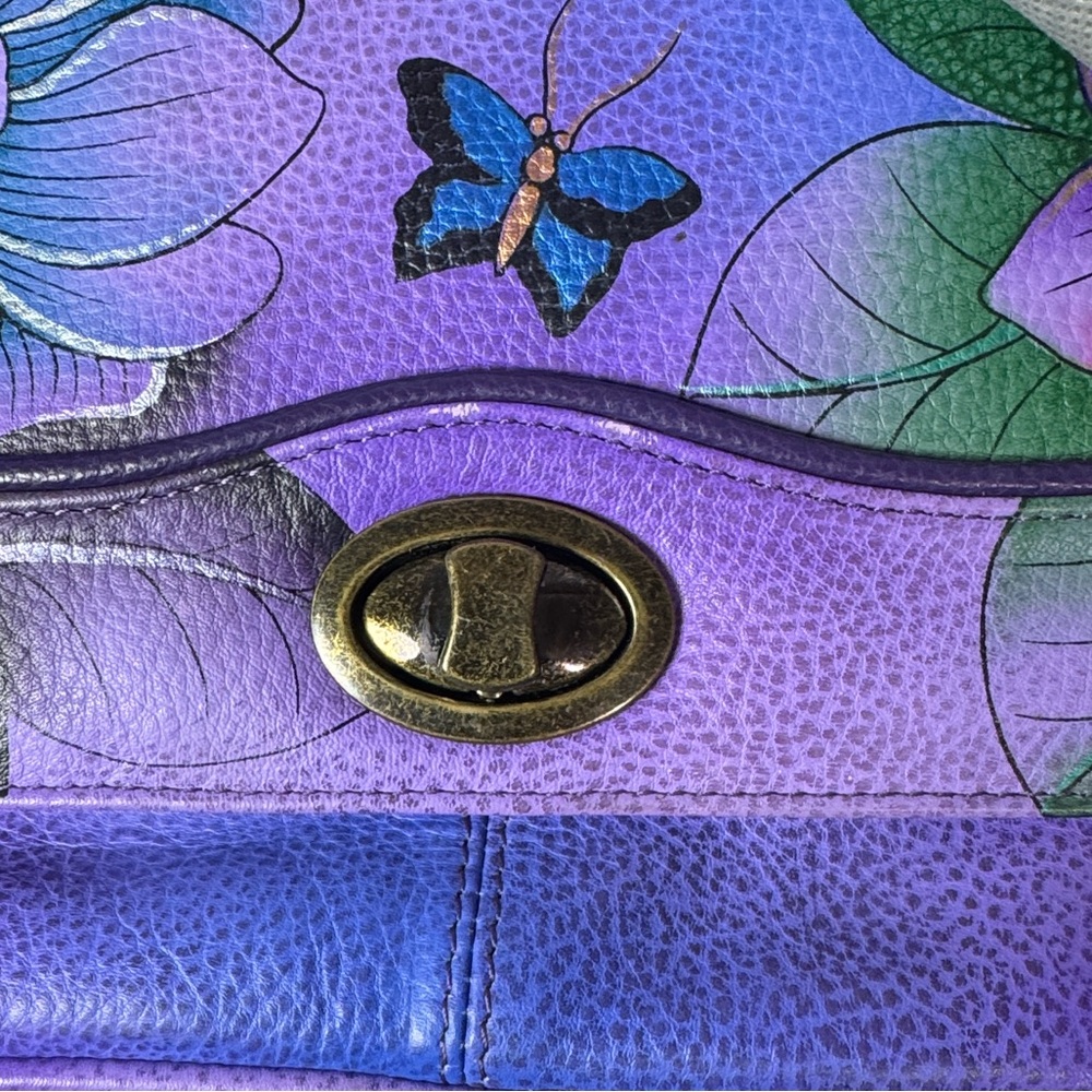 Anuschka purple leather w painted flowers crossbody bag - Picture 15 of 15